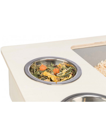 Foderstation m. skålar/höhäck, trä, 70 × 41 × 47 cm