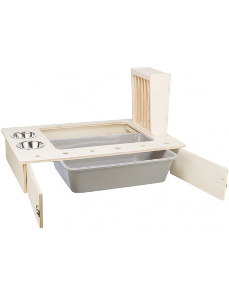 Foderstation m. skålar/höhäck, trä, 70 × 41 × 47 cm