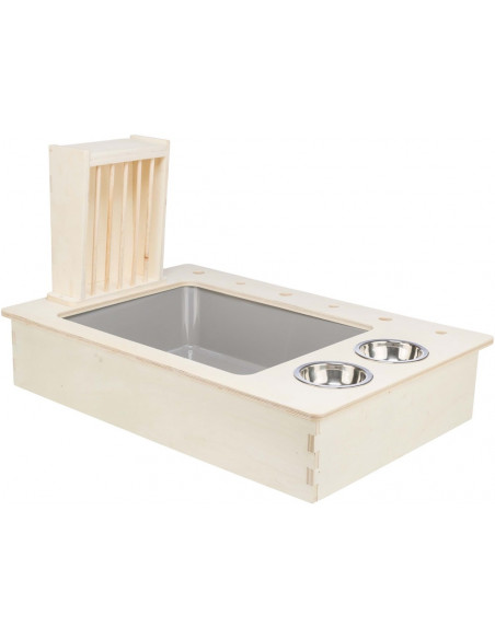 Foderstation m. skålar/höhäck, trä, 70 × 41 × 47 cm